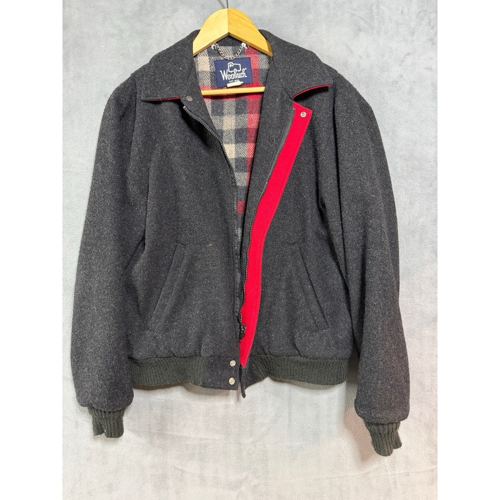 Vintage Woolrich Jacket Mens Med Gray Red Trim Plaid Lined Heavyweight Wool 80s